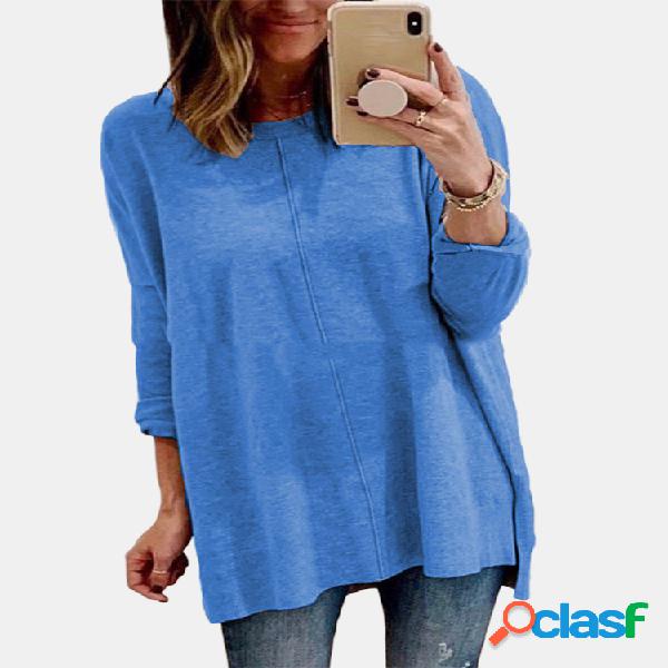Casual Solid Color Crewneck Plus Blusa de tamanho