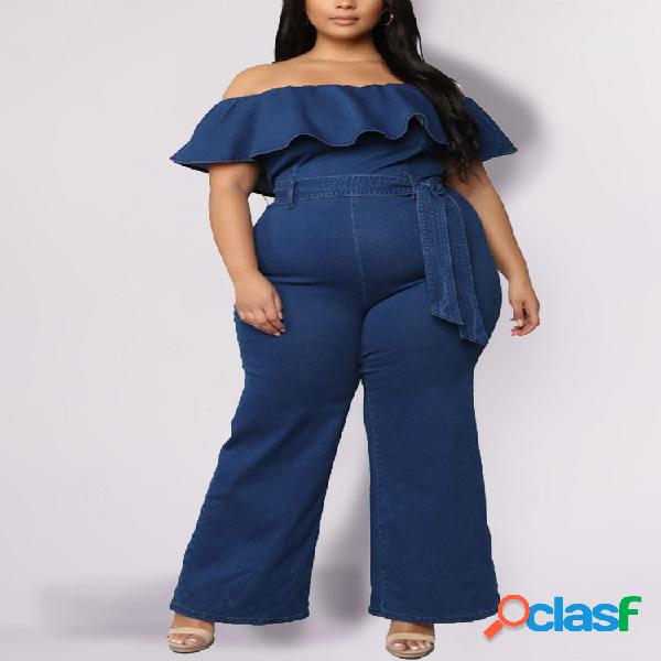 Casual Solid Color Off the Shoulder Plus Tamanho Demin