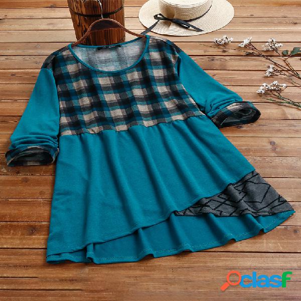 Casual xadrez patchwork irregular Plus tamanho blusa