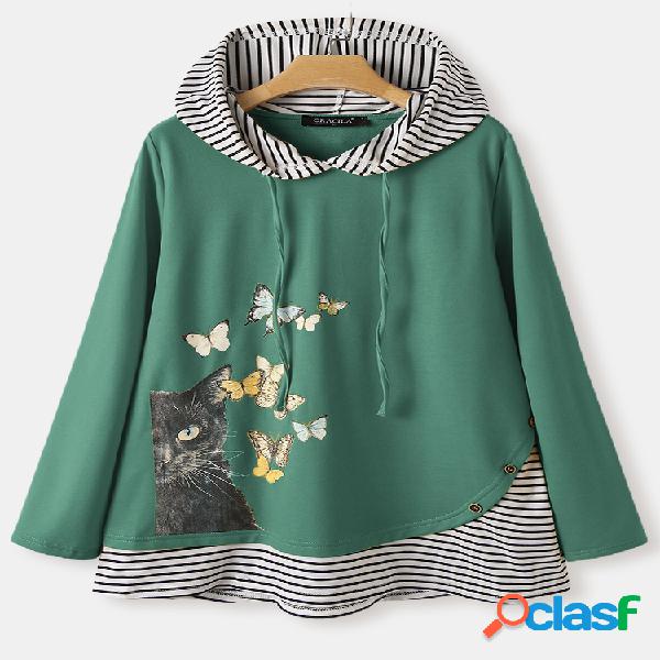 Cat Print Striped Patched Casual Hoodies de manga comprida