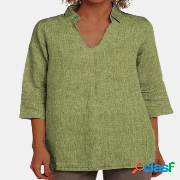 Cor sólida Turn-down Collar Blusa Para Mulheres