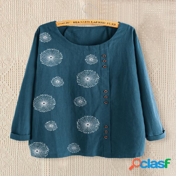 Daisy Flower Impresso manga comprida O-neck Patchwork Blusa