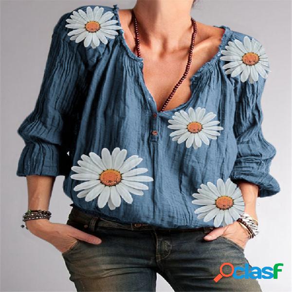 Daisy Flower Print Casual Blusa com decote em v para