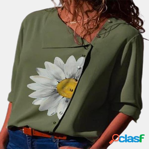 Daisy Flower Print Lapel Manga comprida Casual Camisa Para