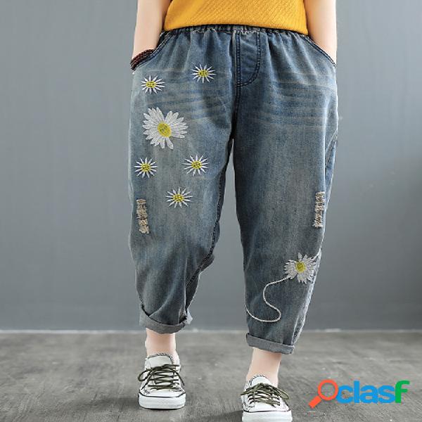 Denim elástico do harém da cintura do bordado floral da