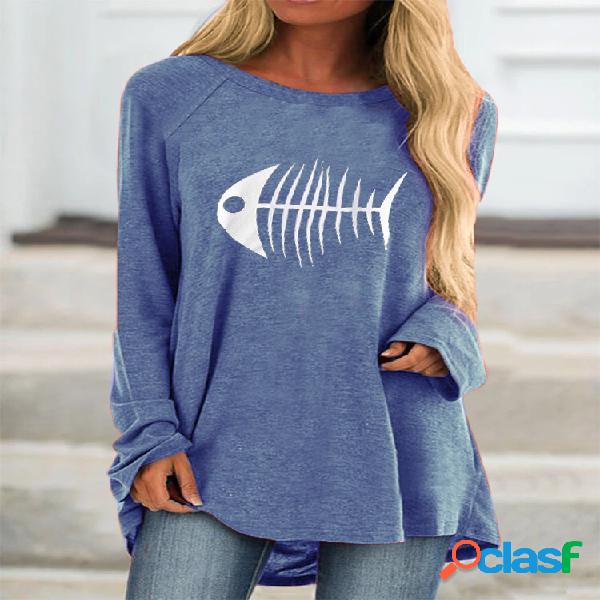 Desenhos animados Fish Bone Print Plus Tamanho Casual