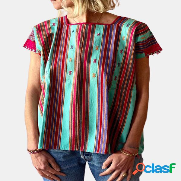 Floral Impresso manga curta gola quadrada blusa listrada