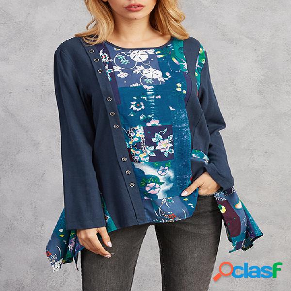 Floral Imprimir Irregular Patchwork manga comprida