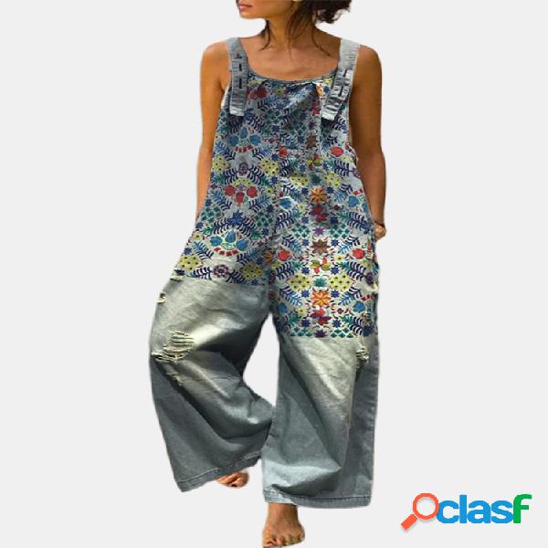 Floral Print Patchwork rasgado Denim Jumpsuit Para Mulheres