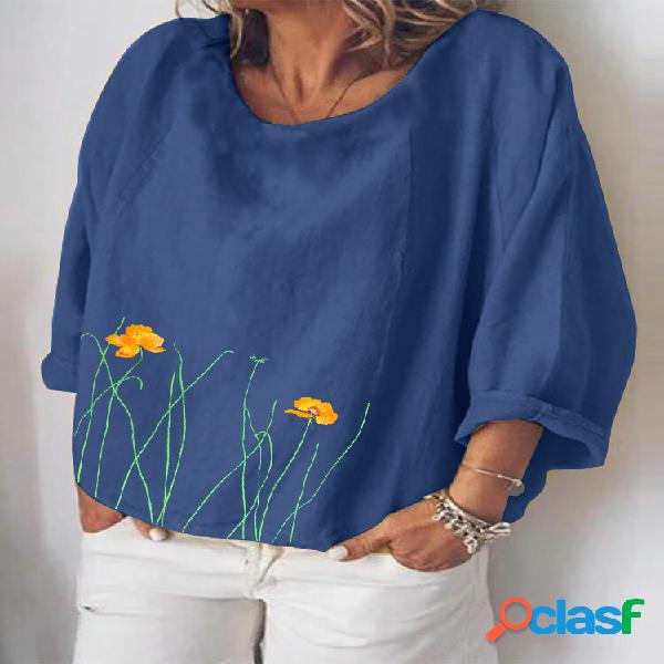 Flores Impresso Manga 3/4 Plus Blusa Casual Tamanho