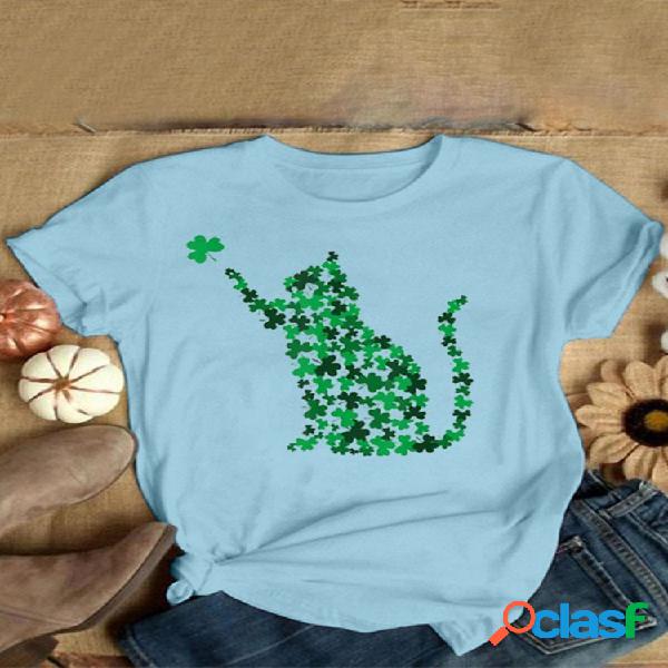 Gato Impresso Casual O-Neck manga curta T-shirt