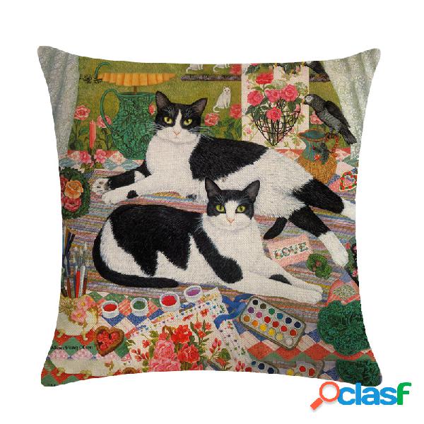 Gato do vintage Impresso Capa de Almofada de Linho de