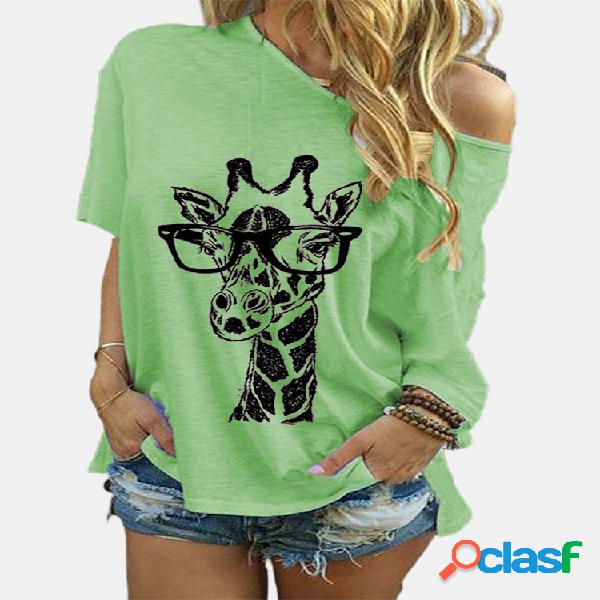Girafa Impresso O-Neck manga curta Casual T-shirt