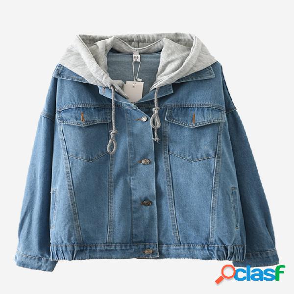 Harajuku Style Knit Hooded College Wind Loose Denim Casacos