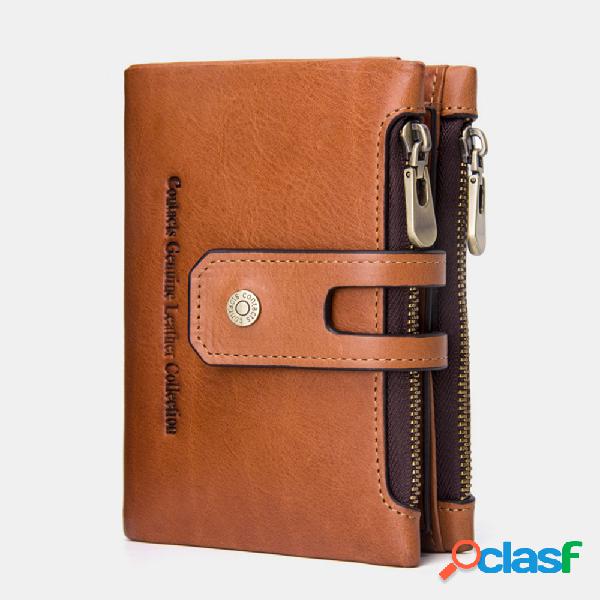 Homens Couro Genuíno Zíper duplo Buckle Wrinkle Free Anti