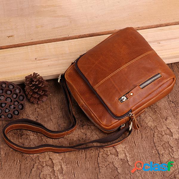 Homens Vintage Couro Genuíno Sólidos Crossbody Bolsa Ombro