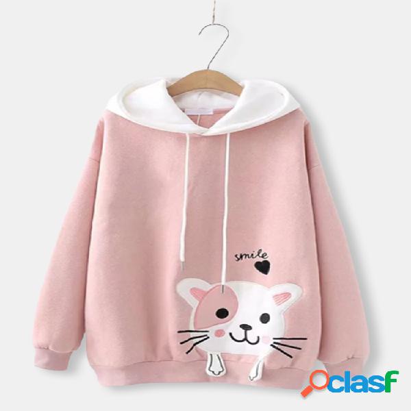 Hoodie de manga comprida bordado gato casual