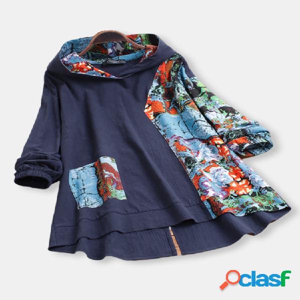 Impresso patchwork bolso falso Plus tamanho moletom com