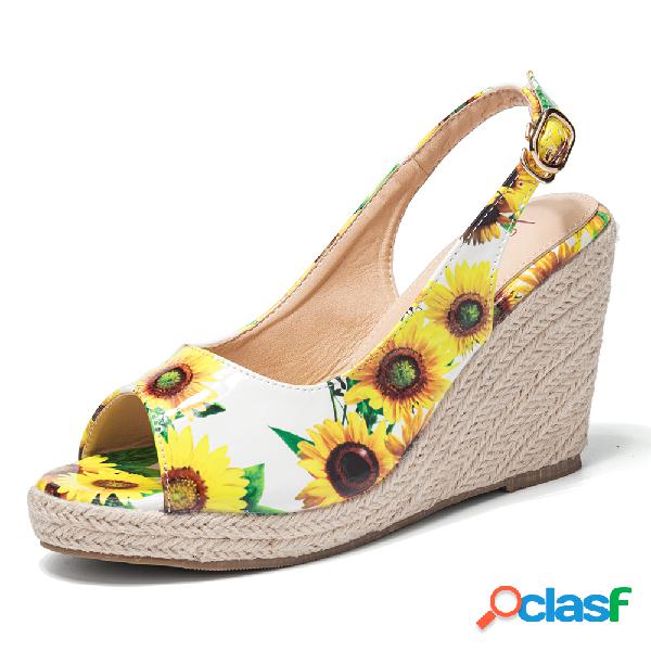LOSTISY Girassol Padrão Peep Toe Slingback Buckle Wedges