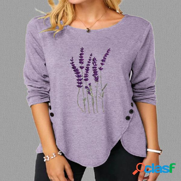 Lavanda Bordado O-Neck Irregular Hem Button Blusa