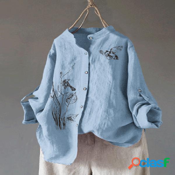 Leaves Birds Print Manga comprida Camisa Para Mulheres