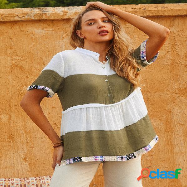 Listrado manga curta gola patchwork blusa para mulheres