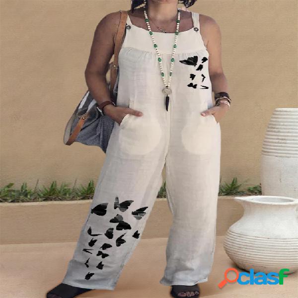 Loose Butterflies Print Straps Pockets Jumpsuit Casual Para