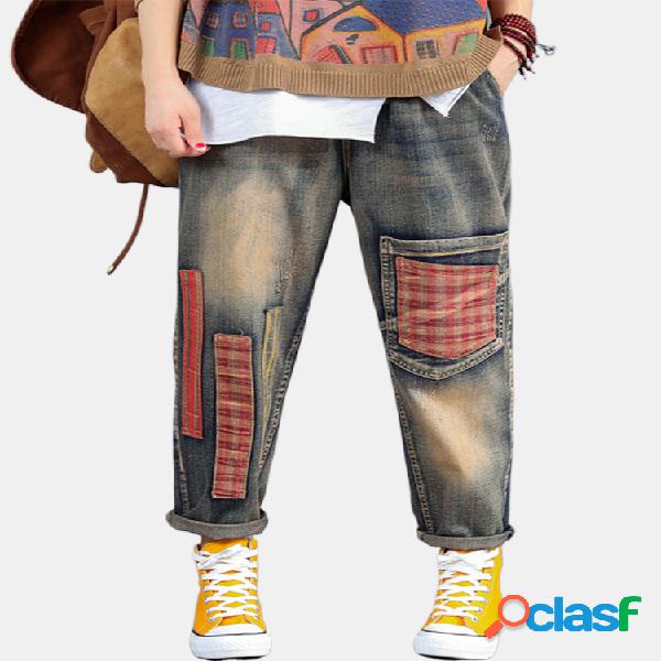Manta de retalhos de cintura elástica rasgada Jeans para