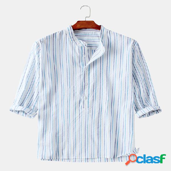 Men 100% Cotton Stripe Printed 3/4 Sleeves Holiday Leisure
