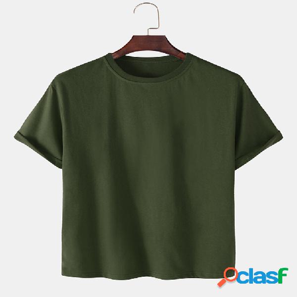 Mens 100% Algodão Cor sólida Loose Light Round Neck Casual