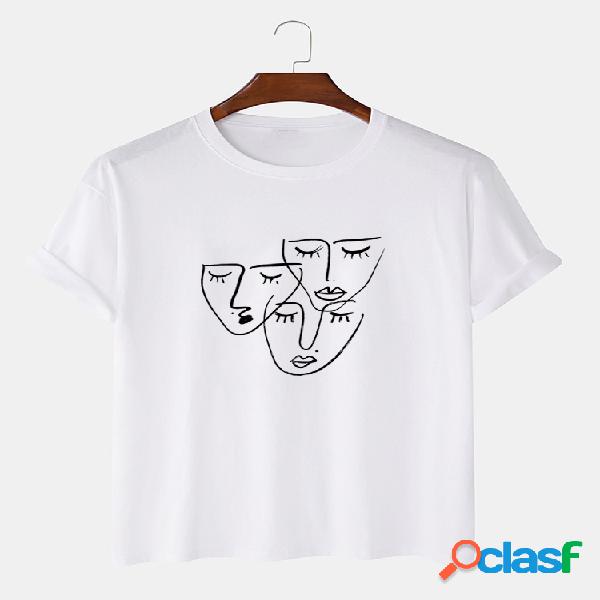 Mens Abstract Figure Print Cotton Loose Plain Thin O-Neck