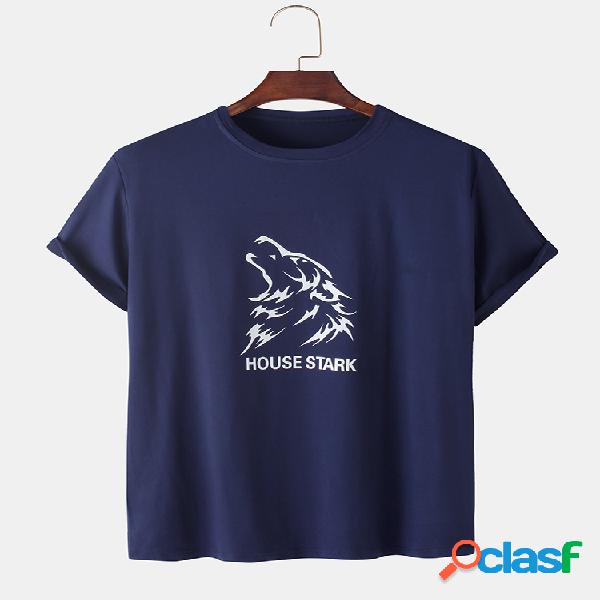 Mens Abstract Lion Print Solid Color Respirável Loose