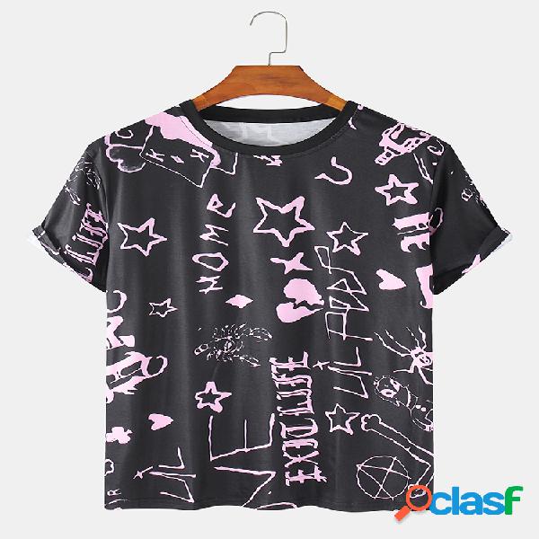 Mens Allover Graffiti Element Print respirável e fino Loose