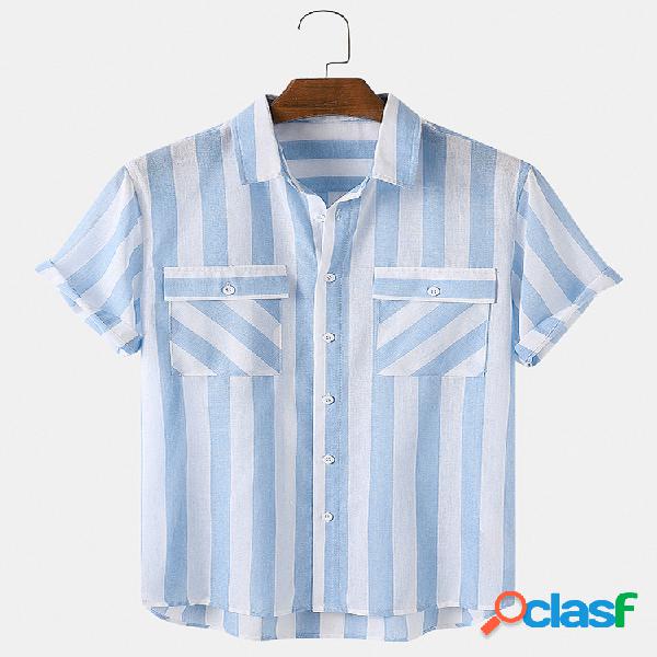 Mens Basic Striped Print Double Pocket Casual Light Camisas