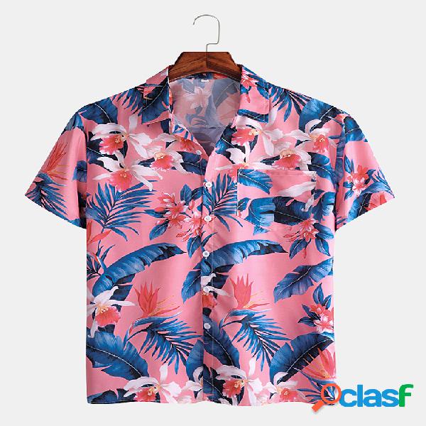 Mens Botanical Planta & Folha Print Holiday Camisas de manga