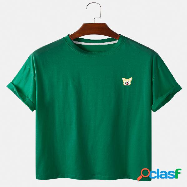 Mens Cartoon Cachorro Bordado Casual Loose Light Round Neck