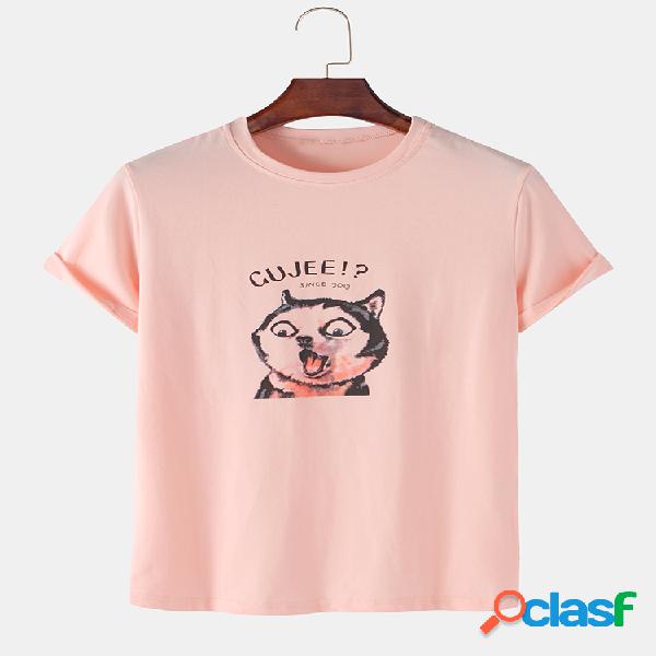 Mens Cartoon Cachorro Impresso Cotton Round Neck Casual