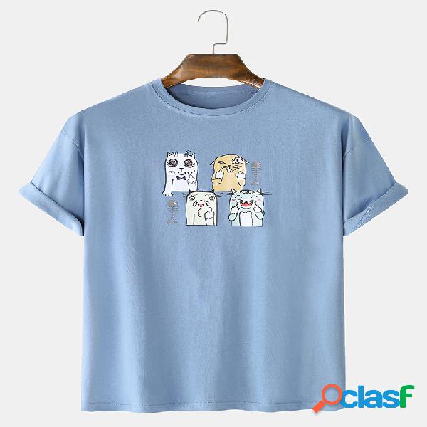 Mens Cartoon Cat Print Cotton Camisetas de manga curta