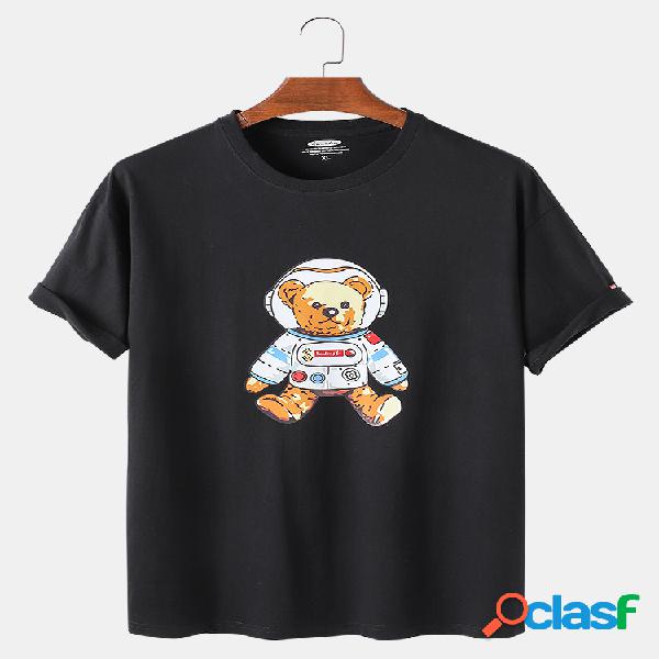 Mens Cartoon Space Bear Imprimir Casual Light Cotton Round