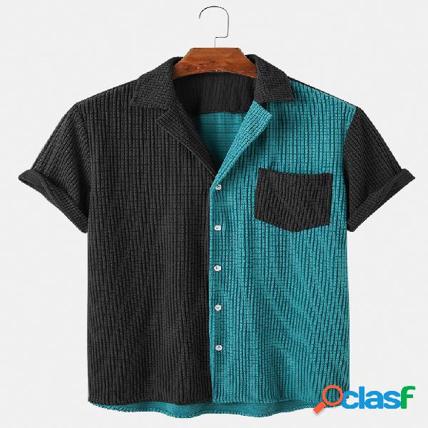 Mens Casual Corduroy Patchwork Lapel Collar Camisas de manga