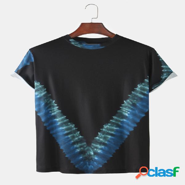 Mens Chevron Tie-Dye Print Solid Color Light Loose O-Neck