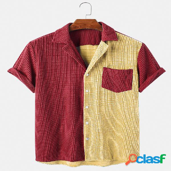 Mens Colorblock Patchwork Corduroy Moda lapela colar Camisa