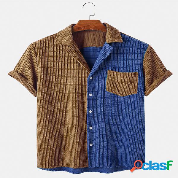 Mens Corduroy Projetado Patchwork Peito Bolso Casual Camisa