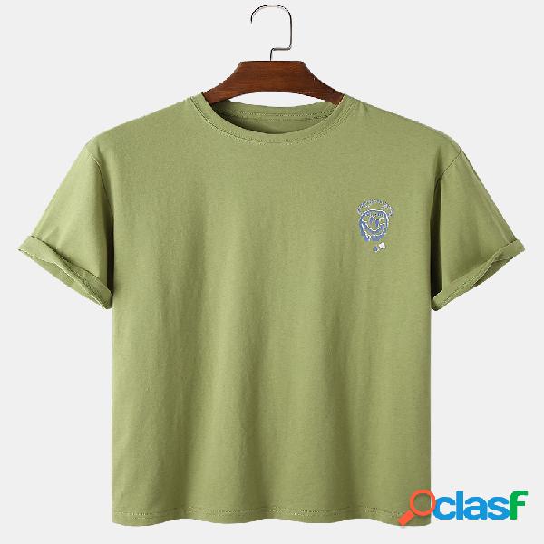 Mens Cotton Emojis Print Solid Color Respirável Loose Round