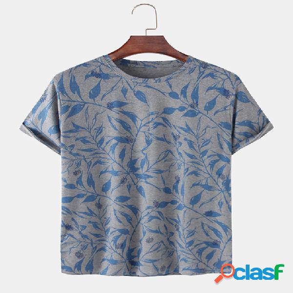 Mens Cotton Leaf Print Light Loose Casual O-Neck T-Shirts