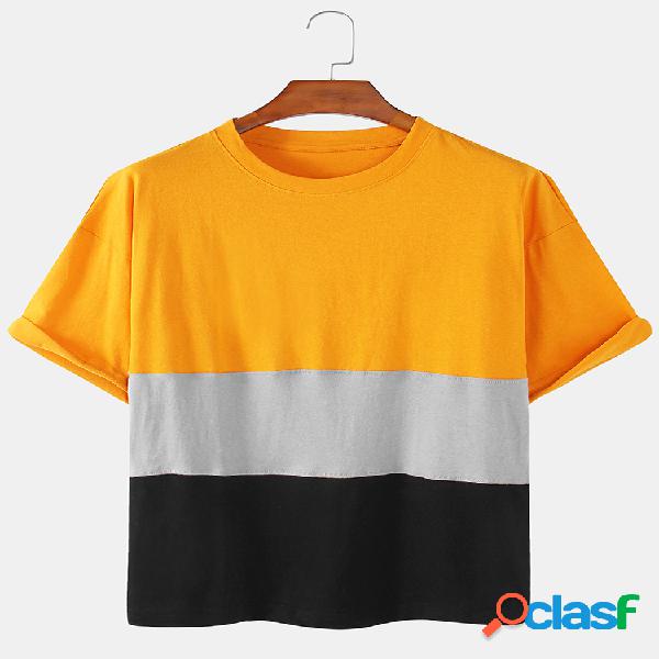 Mens Cotton Patchwork Respirável Loose Casual Round Neck