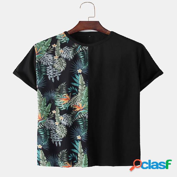 Mens Cotton Patchwork e Planta Print Thin Loose O-Neck