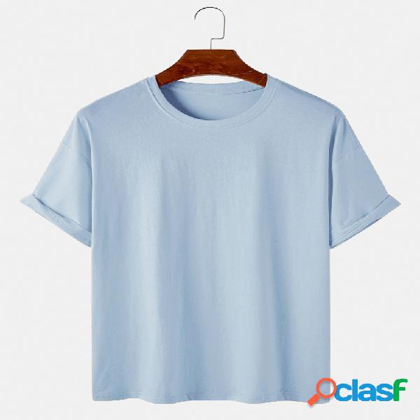 Mens Cotton Solid Color Respirável Loose Daily Round Neck