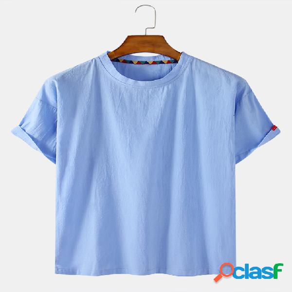 Mens Cotton Solid Color Simple Casual Loose Thin Round Neck