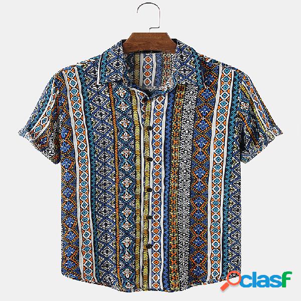 Mens Ethnic Style Print Casual Turn Down Collar Camisas de